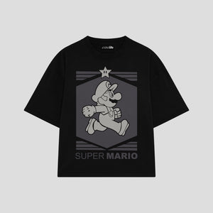 Playera streetwear premium de anime y gaming ExtraLife MX, corte boxy oversized drop shoulder heavyweight en color Deep Black y Off-White, moda urbana mexicana de culto.