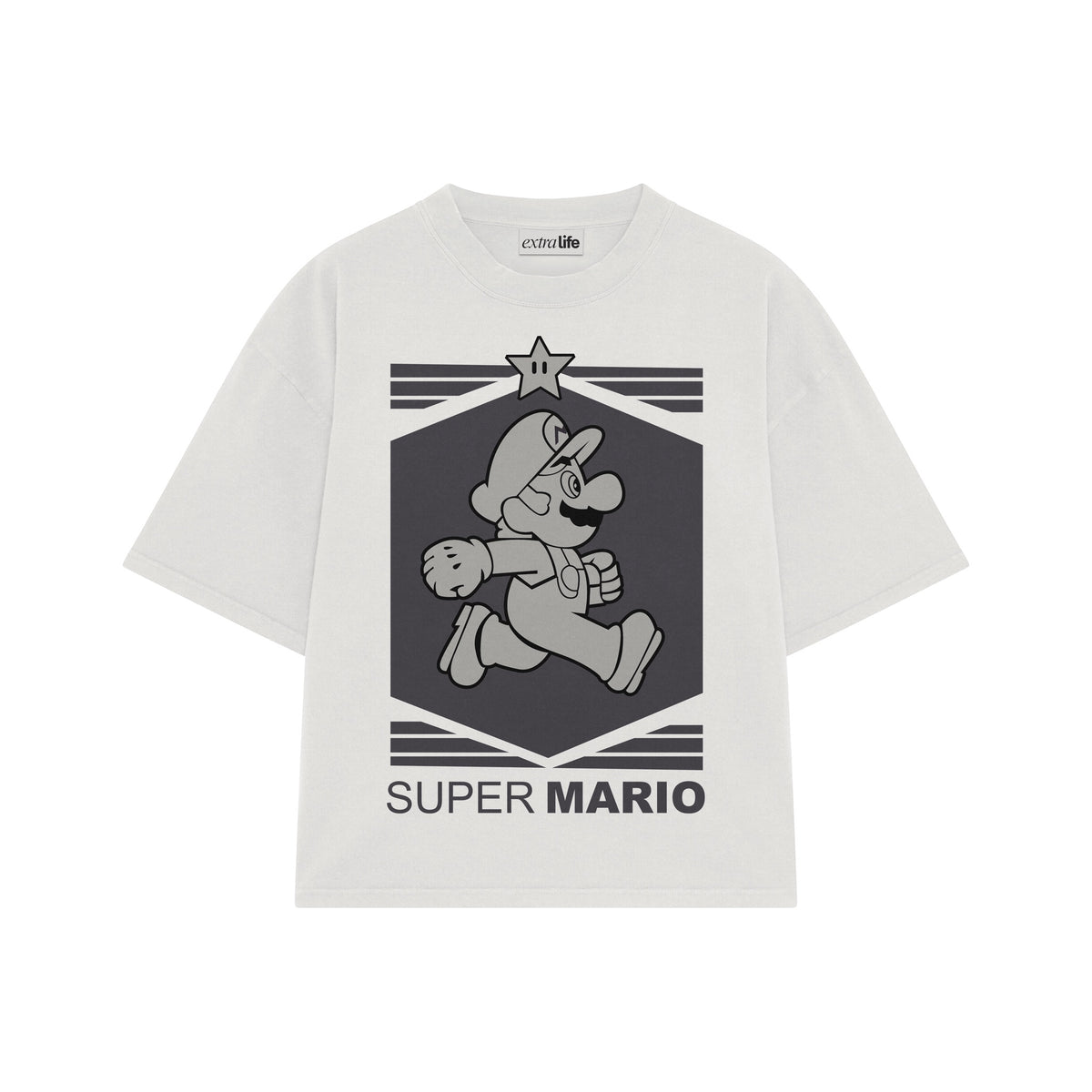 Playera streetwear premium de anime y gaming ExtraLife MX, corte oversized drop shoulder ligero y fresco en color Deep Black y Off-White, moda urbana mexicana de culto.