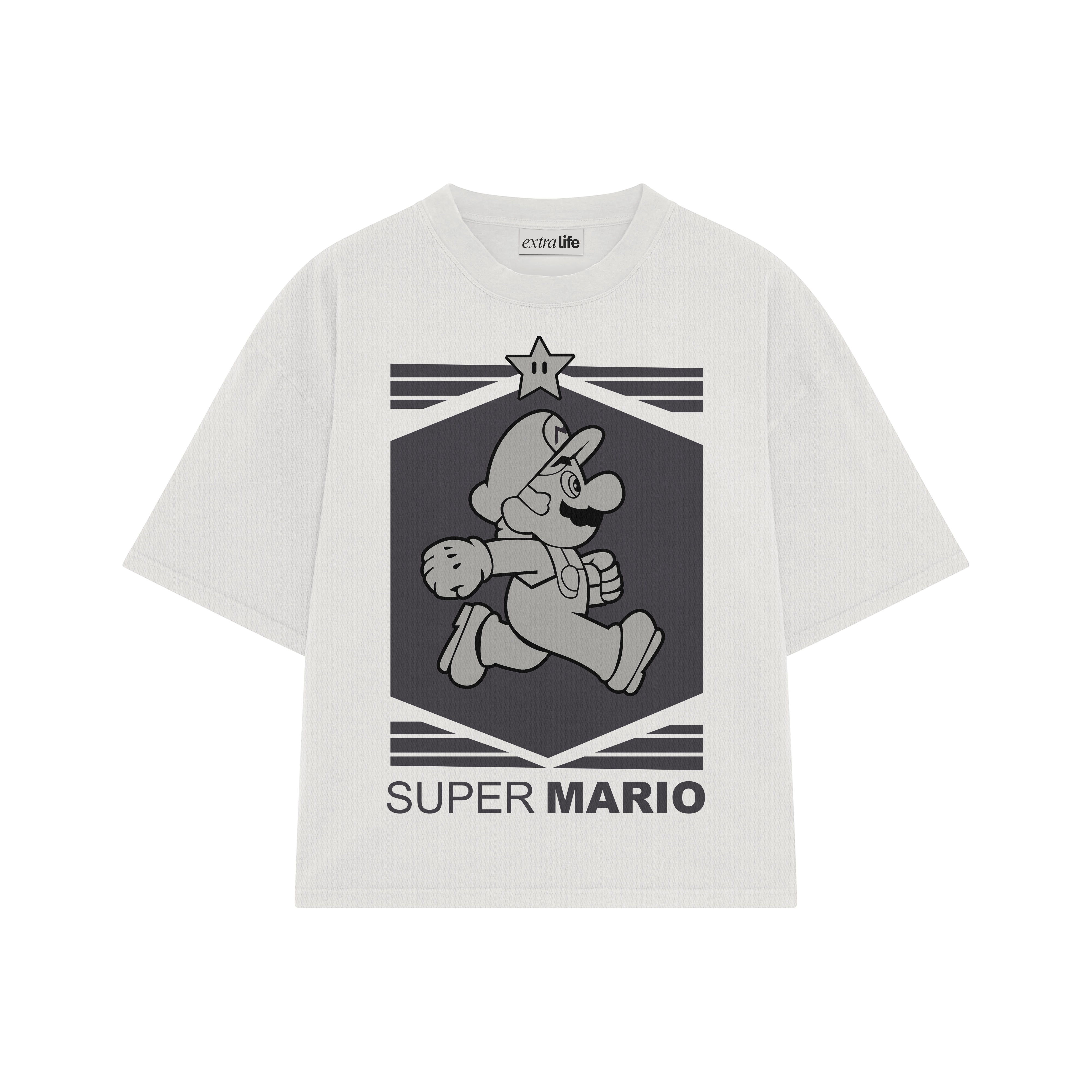 Playera streetwear premium de anime y gaming ExtraLife MX, corte boxy oversized drop shoulder heavyweight en color Deep Black y Off-White, moda urbana mexicana de culto.
