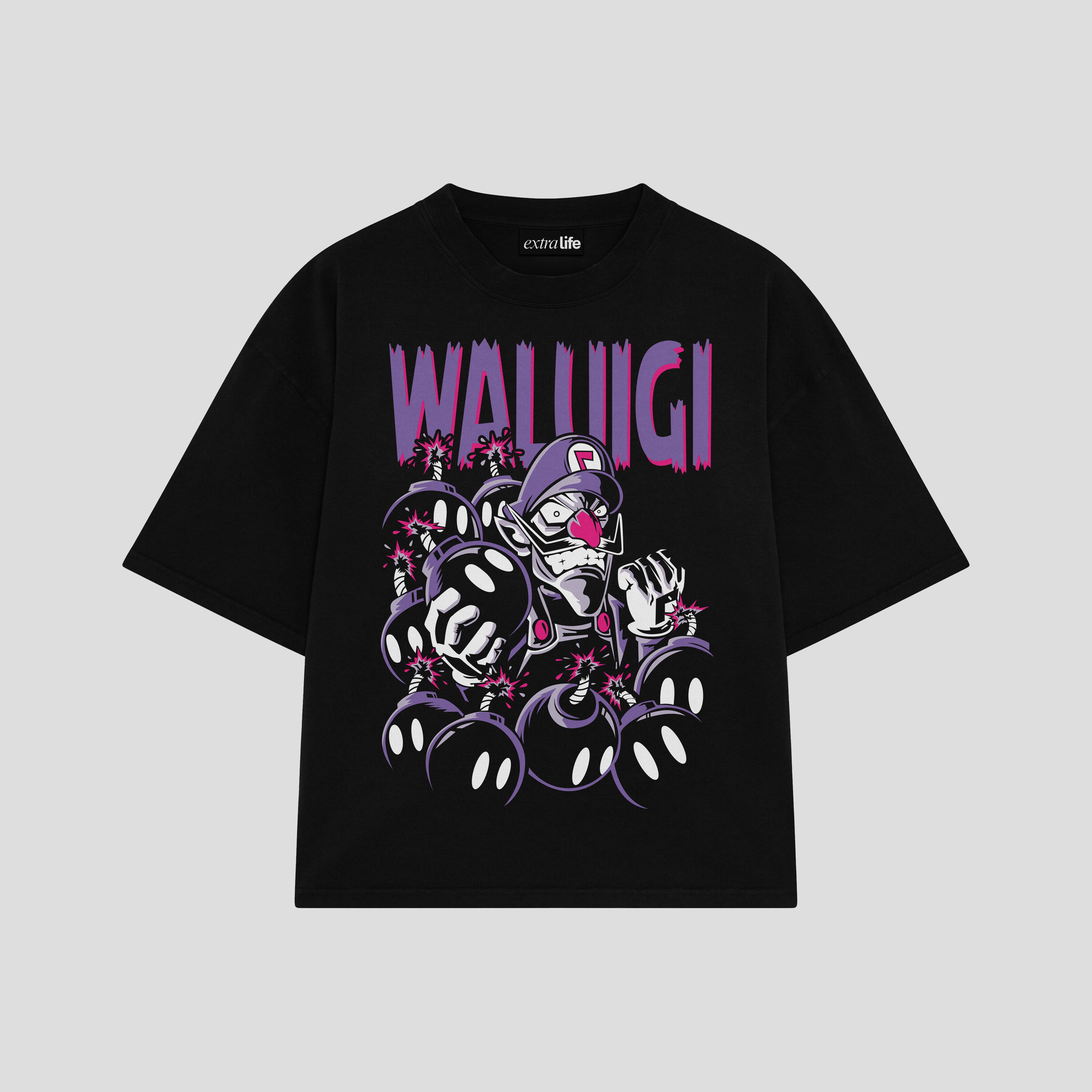 Playera streetwear premium de anime y gaming ExtraLife MX, corte boxy oversized drop shoulder heavyweight en color Deep Black y Off-White, moda urbana mexicana de culto.