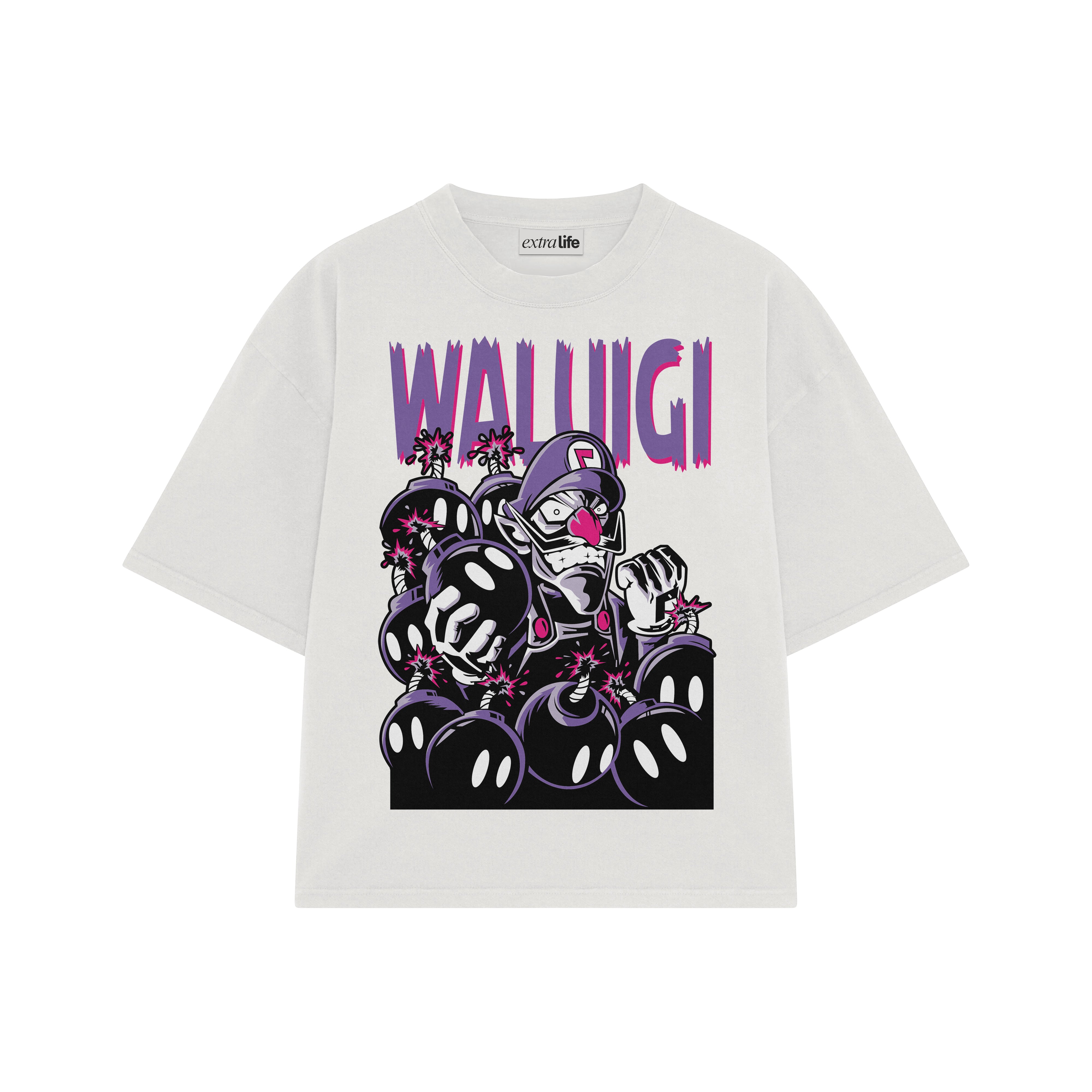 Playera streetwear premium de anime y gaming ExtraLife MX, corte boxy oversized drop shoulder heavyweight en color Deep Black y Off-White, moda urbana mexicana de culto.