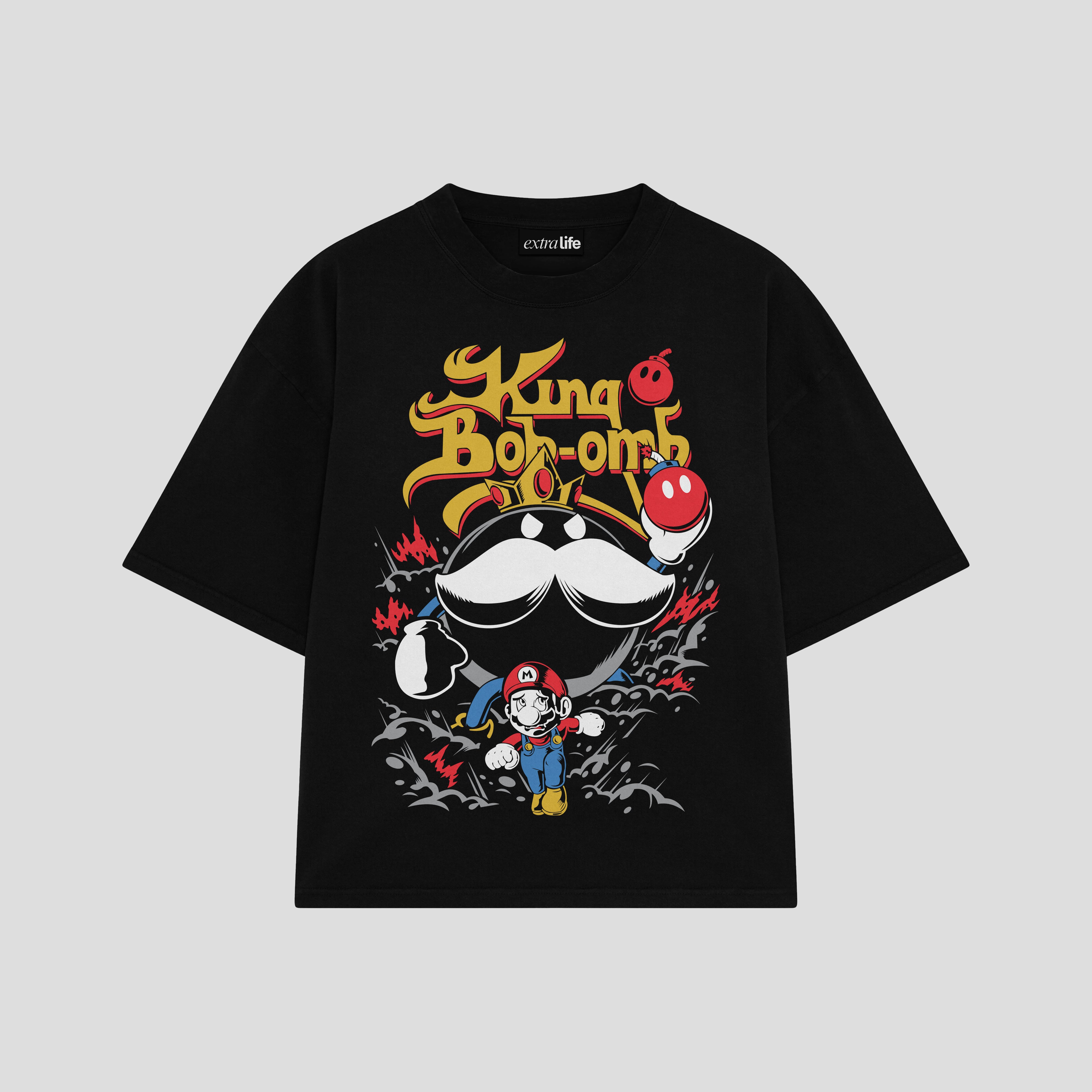 Playera streetwear premium de anime y gaming ExtraLife MX, corte boxy oversized drop shoulder heavyweight en color Deep Black y Off-White, moda urbana mexicana de culto.