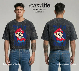 Playera streetwear premium de anime y gaming ExtraLife MX, corte boxy deluxe mineral wash heavyweight en color Acid Wash, moda urbana mexicana de culto.