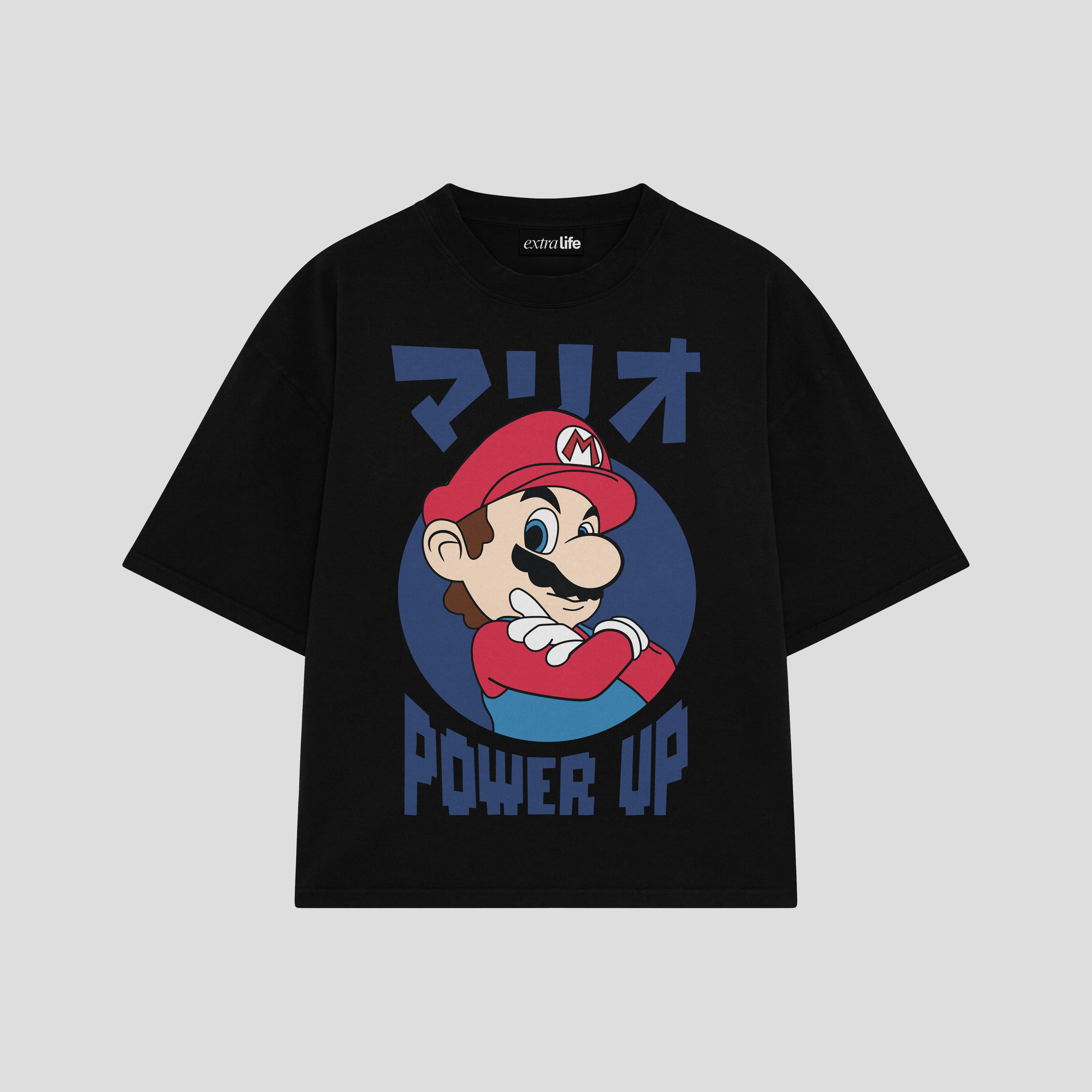 Playera streetwear premium de anime y gaming ExtraLife MX, corte boxy oversized drop shoulder heavyweight en color Deep Black y Off-White, moda urbana mexicana de culto.