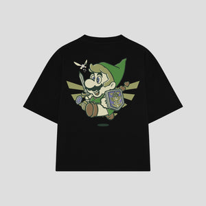 Playera streetwear premium de anime y gaming ExtraLife MX, corte boxy oversized drop shoulder heavyweight en color Deep Black y Off-White, moda urbana mexicana de culto.