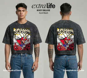 Playera streetwear premium de anime y gaming ExtraLife MX, corte boxy deluxe mineral wash heavyweight en color Acid Wash, moda urbana mexicana de culto.