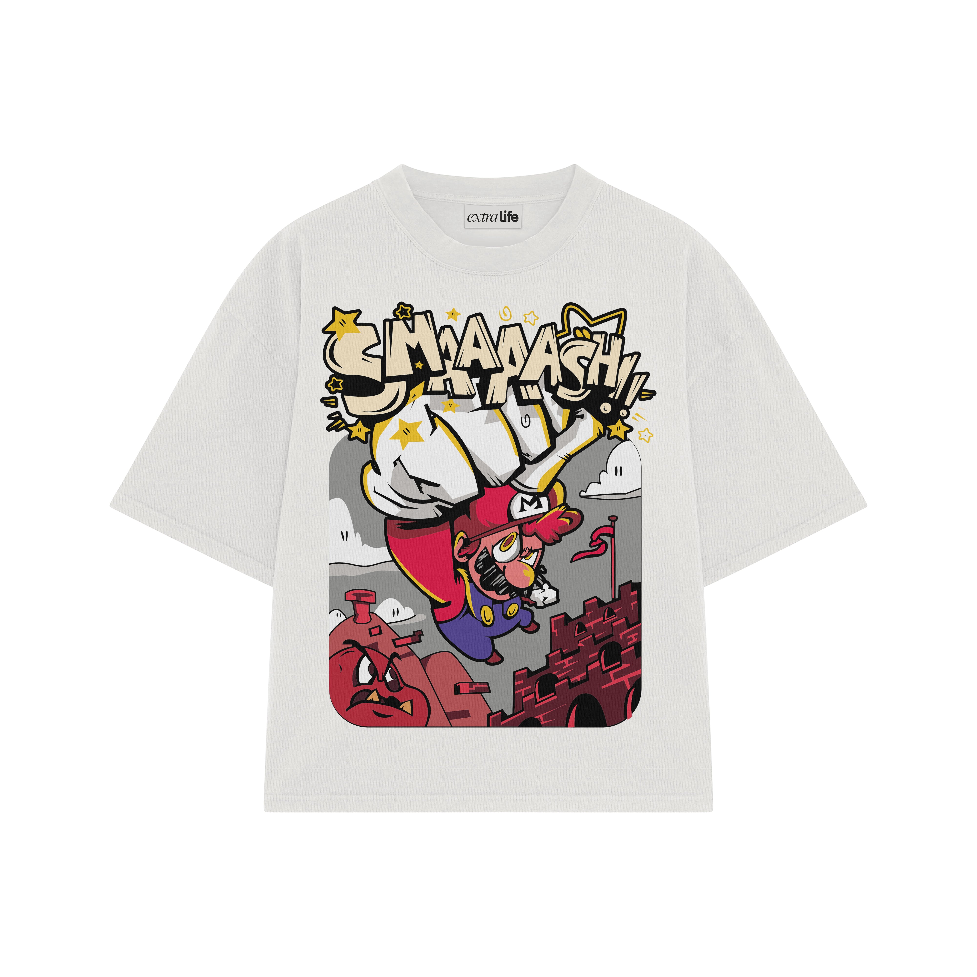 Playera streetwear premium de anime y gaming ExtraLife MX, corte boxy oversized drop shoulder heavyweight en color Deep Black y Off-White, moda urbana mexicana de culto.