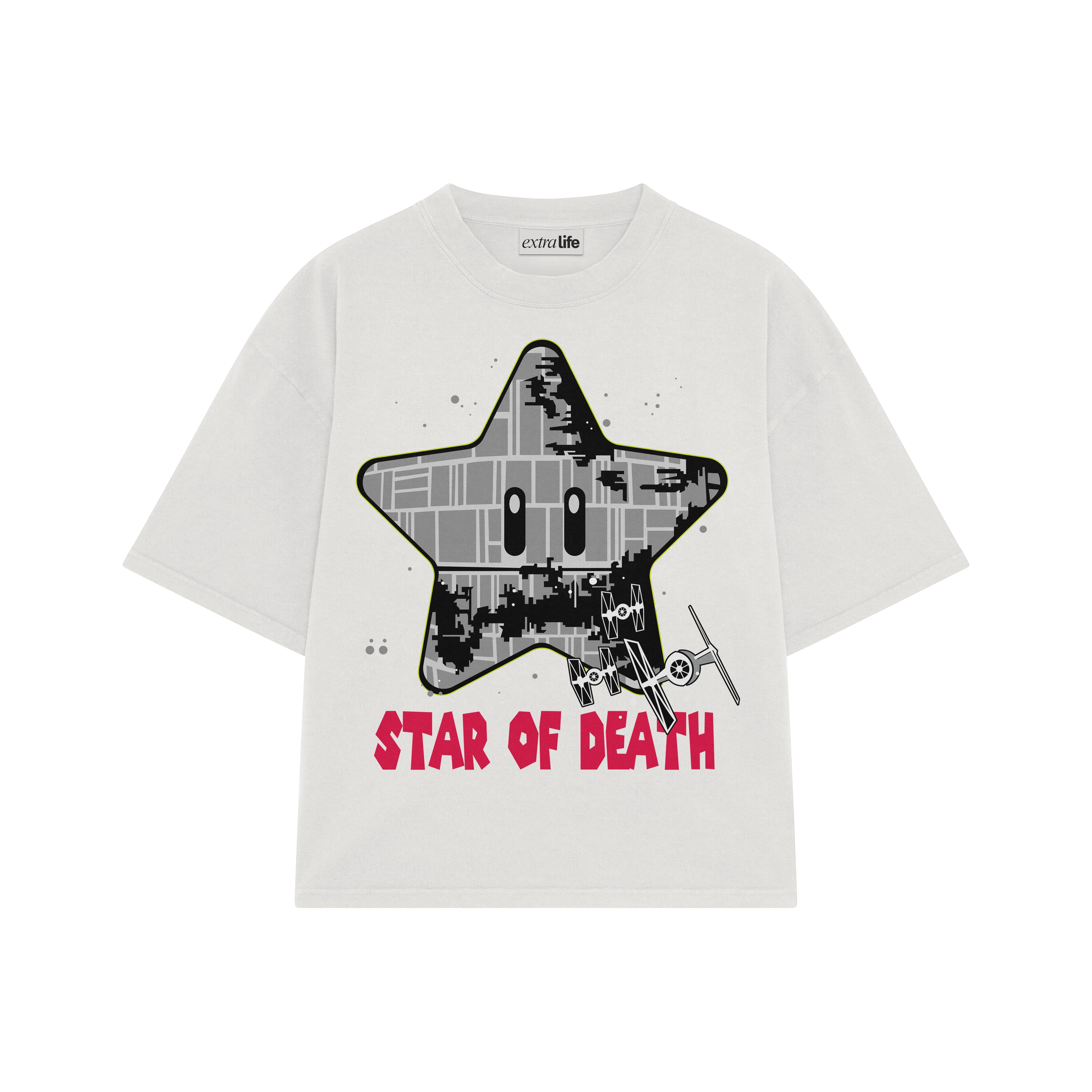 Playera streetwear premium de anime y gaming ExtraLife MX, corte boxy oversized drop shoulder heavyweight en color Deep Black y Off-White, moda urbana mexicana de culto.