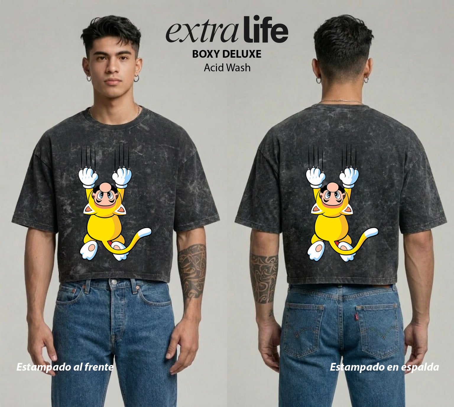 Playera streetwear premium de anime y gaming ExtraLife MX, corte boxy deluxe mineral wash heavyweight en color Acid Wash, moda urbana mexicana de culto.