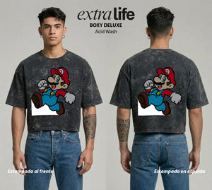 Playera streetwear premium de anime y gaming ExtraLife MX, corte boxy deluxe mineral wash heavyweight en color Acid Wash, moda urbana mexicana de culto.