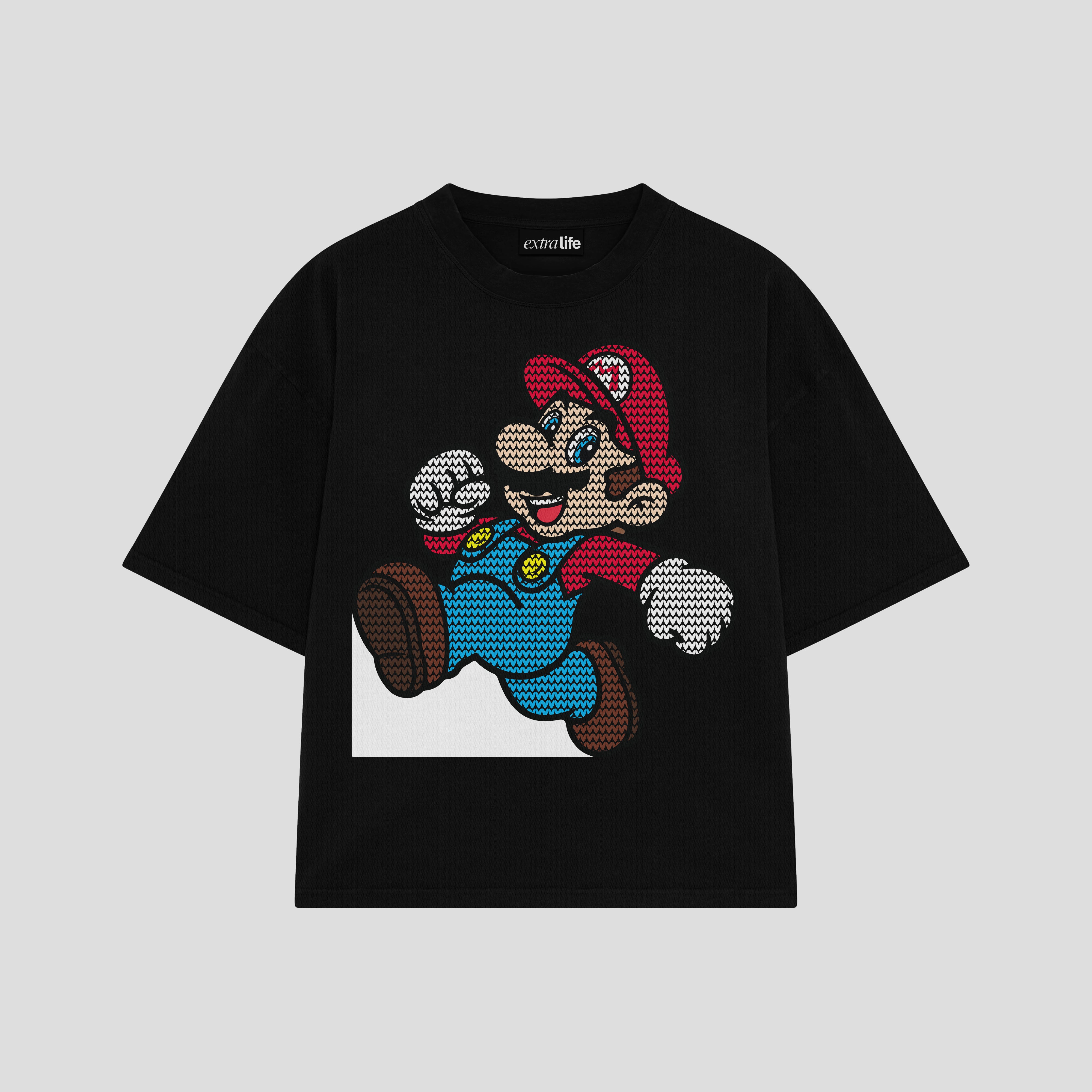 Playera streetwear premium de anime y gaming ExtraLife MX, corte boxy oversized drop shoulder heavyweight en color Deep Black y Off-White, moda urbana mexicana de culto.