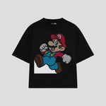 Playera streetwear premium de anime y gaming ExtraLife MX, corte boxy oversized drop shoulder heavyweight en color Deep Black y Off-White, moda urbana mexicana de culto.