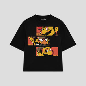 Playera streetwear premium de anime y gaming ExtraLife MX, corte oversized drop shoulder ligero y fresco en color Deep Black y Off-White, moda urbana mexicana de culto.