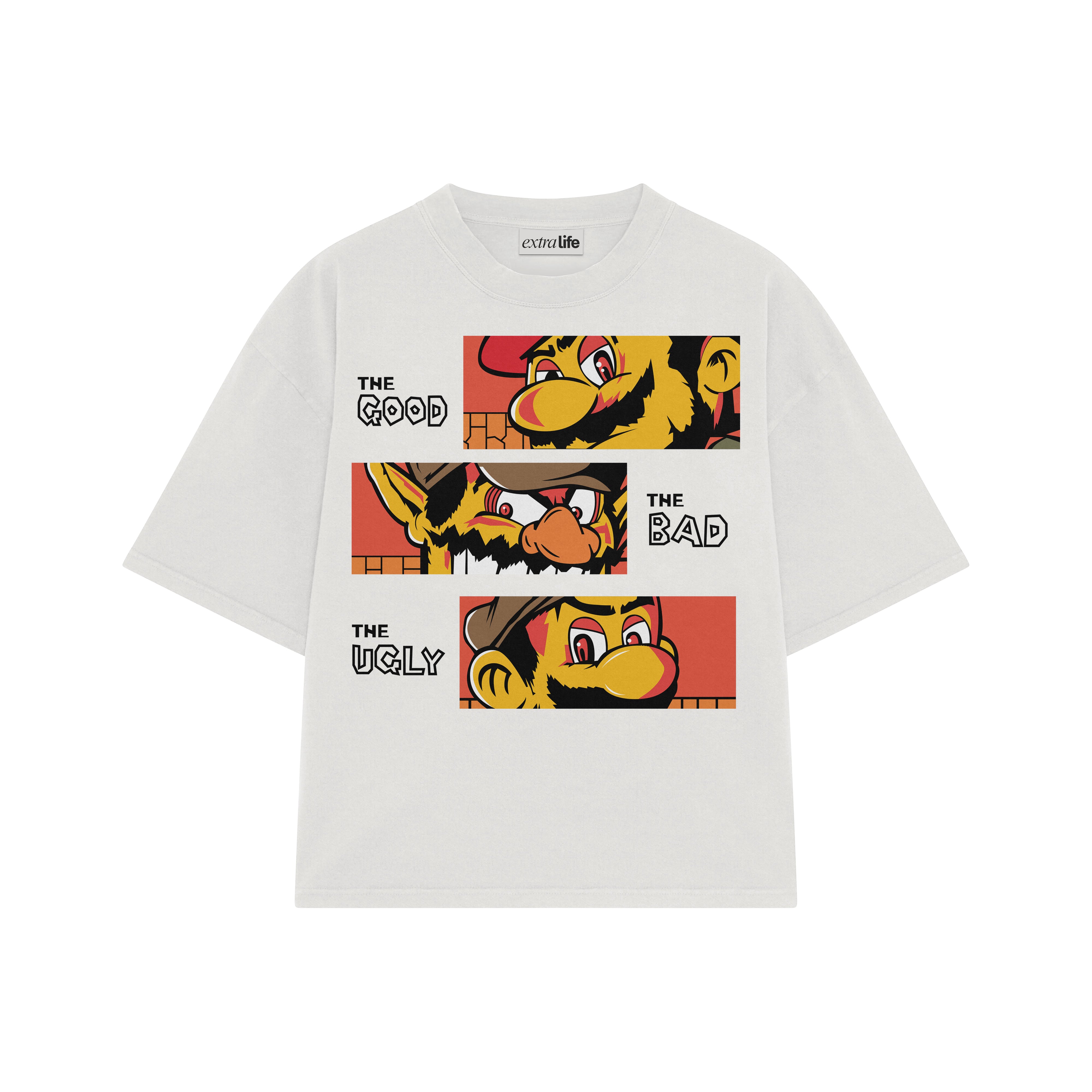 Playera streetwear premium de anime y gaming ExtraLife MX, corte boxy oversized drop shoulder heavyweight en color Deep Black y Off-White, moda urbana mexicana de culto.