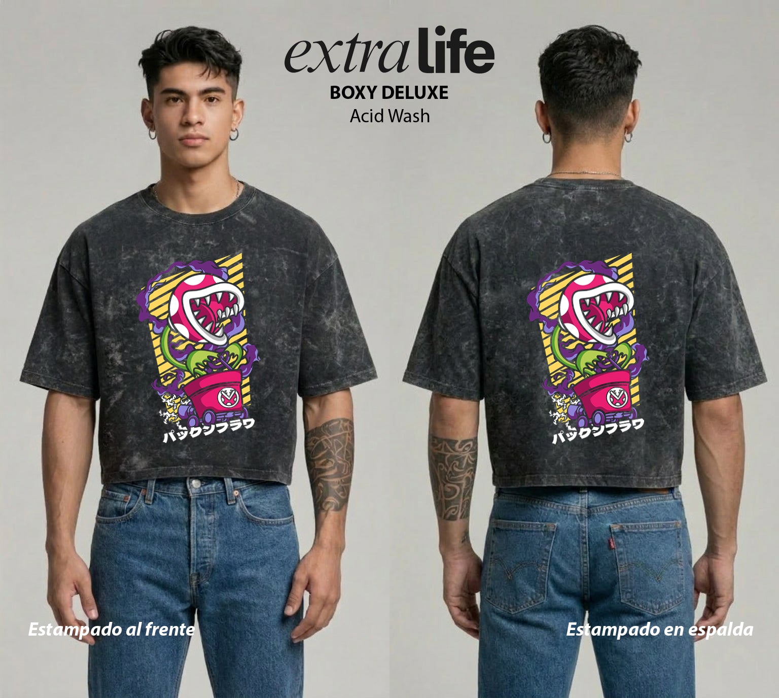Playera streetwear premium de anime y gaming ExtraLife MX, corte boxy deluxe mineral wash heavyweight en color Acid Wash, moda urbana mexicana de culto.