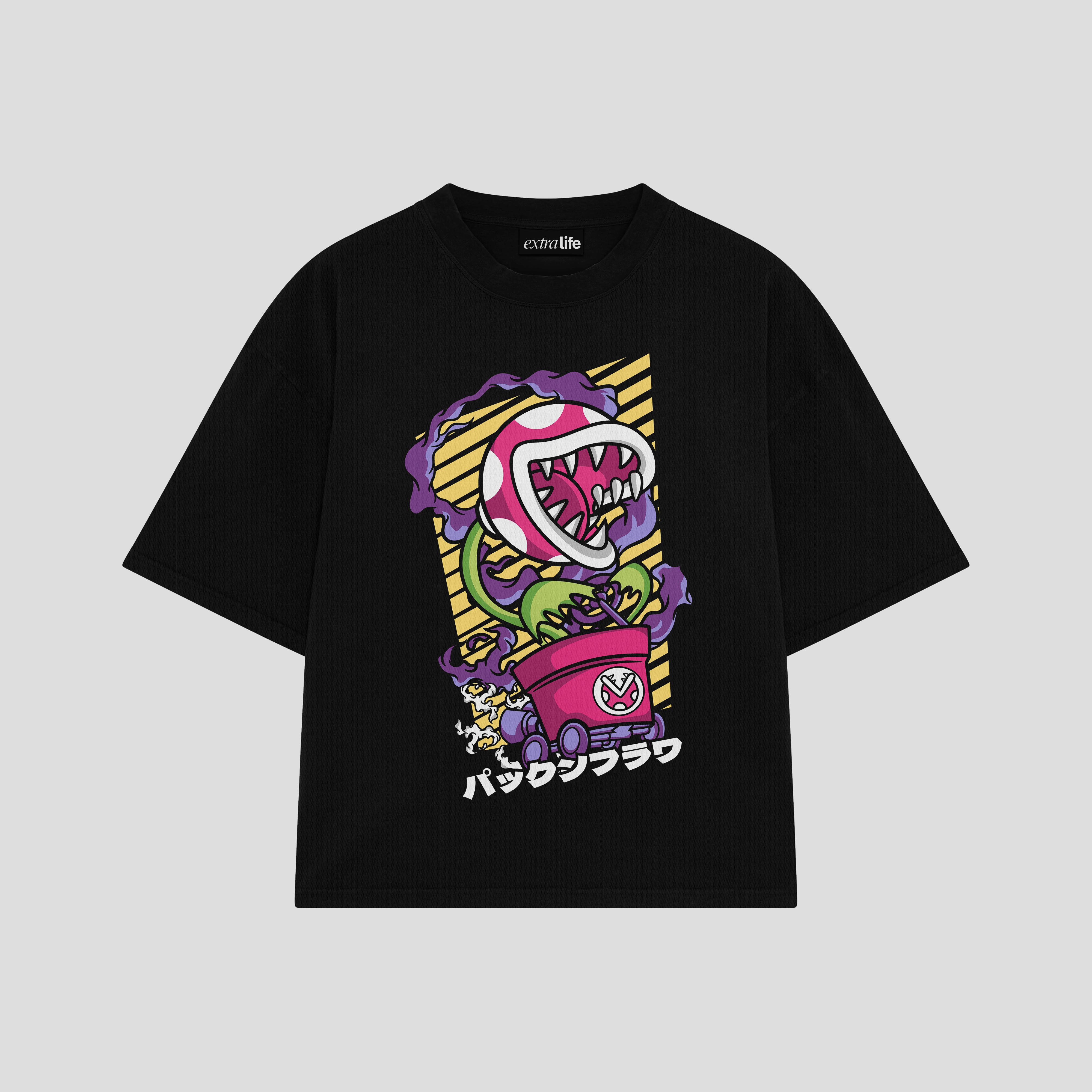 Playera streetwear premium de anime y gaming ExtraLife MX, corte boxy oversized drop shoulder heavyweight en color Deep Black y Off-White, moda urbana mexicana de culto.