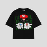 Playera streetwear premium de anime y gaming ExtraLife MX, corte boxy oversized drop shoulder heavyweight en color Deep Black y Off-White, moda urbana mexicana de culto.
