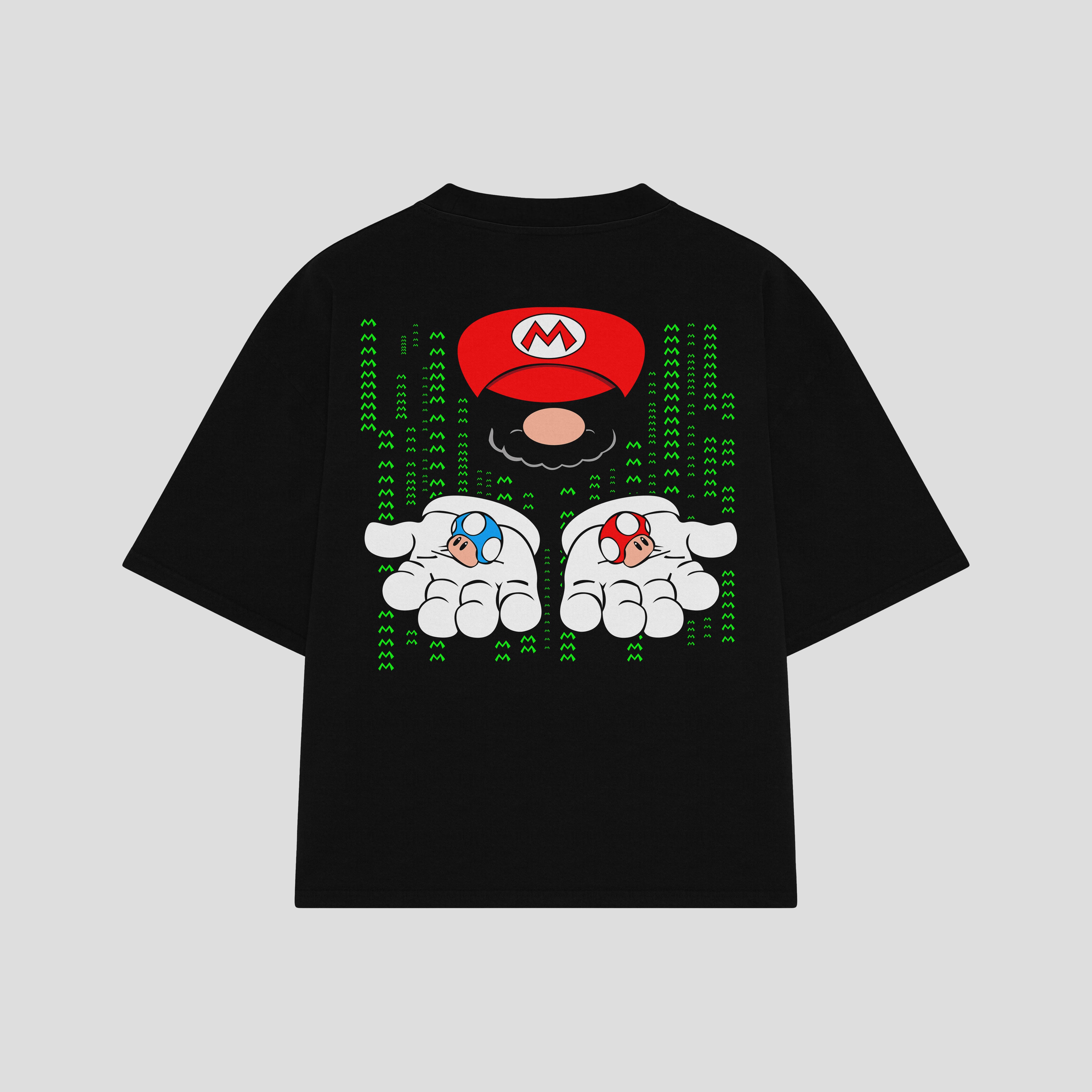 Playera streetwear premium de anime y gaming ExtraLife MX, corte boxy oversized drop shoulder heavyweight en color Deep Black y Off-White, moda urbana mexicana de culto.