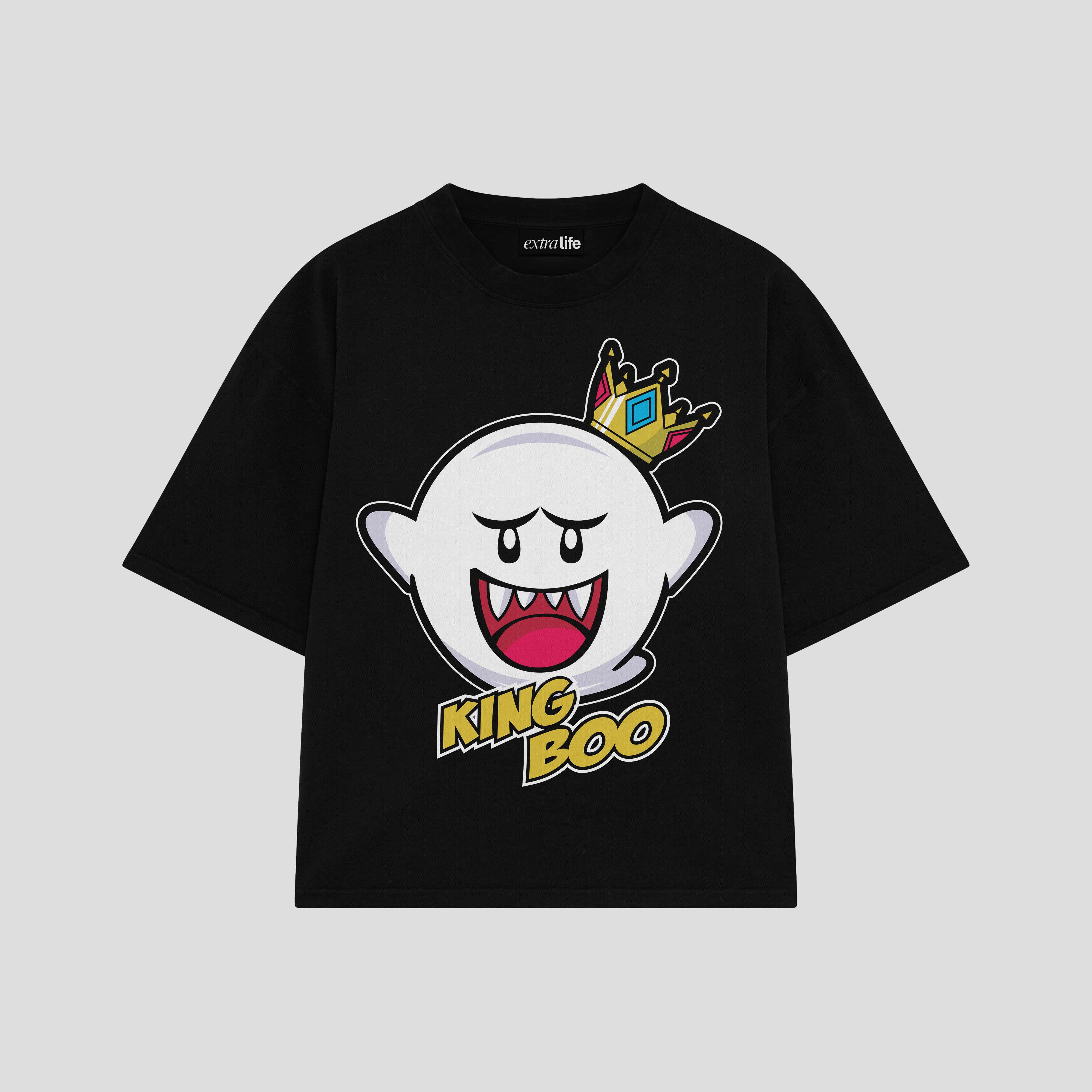 Playera streetwear premium de anime y gaming ExtraLife MX, corte boxy oversized drop shoulder heavyweight en color Deep Black y Off-White, moda urbana mexicana de culto.