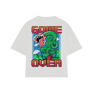 Playera streetwear premium de anime y gaming ExtraLife MX, corte boxy oversized drop shoulder heavyweight en color Deep Black y Off-White, moda urbana mexicana de culto.