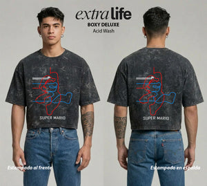 Playera streetwear premium de anime y gaming ExtraLife MX, corte boxy deluxe mineral wash heavyweight en color Acid Wash, moda urbana mexicana de culto.