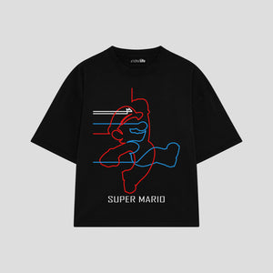 Playera streetwear premium de anime y gaming ExtraLife MX, corte boxy oversized drop shoulder heavyweight en color Deep Black y Off-White, moda urbana mexicana de culto.