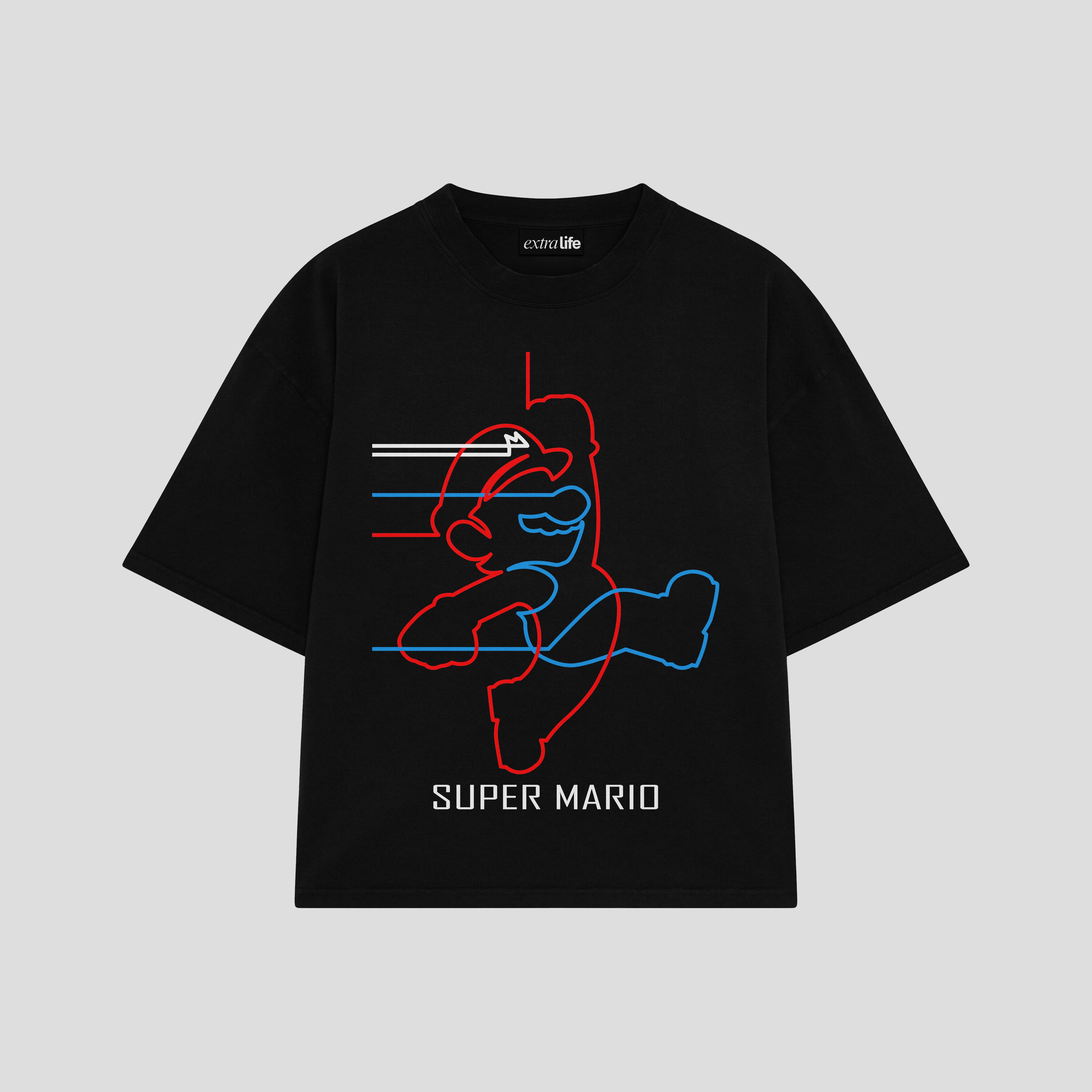 Playera streetwear premium de anime y gaming ExtraLife MX, corte boxy oversized drop shoulder heavyweight en color Deep Black y Off-White, moda urbana mexicana de culto.