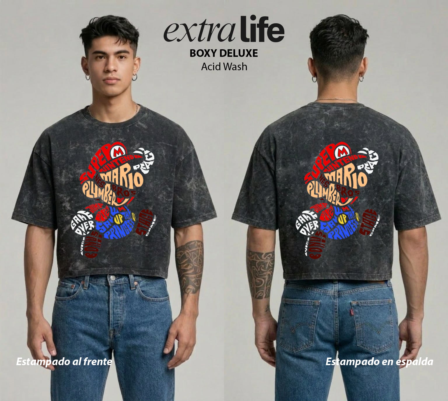 Playera streetwear premium de anime y gaming ExtraLife MX, corte boxy deluxe mineral wash heavyweight en color Acid Wash, moda urbana mexicana de culto.