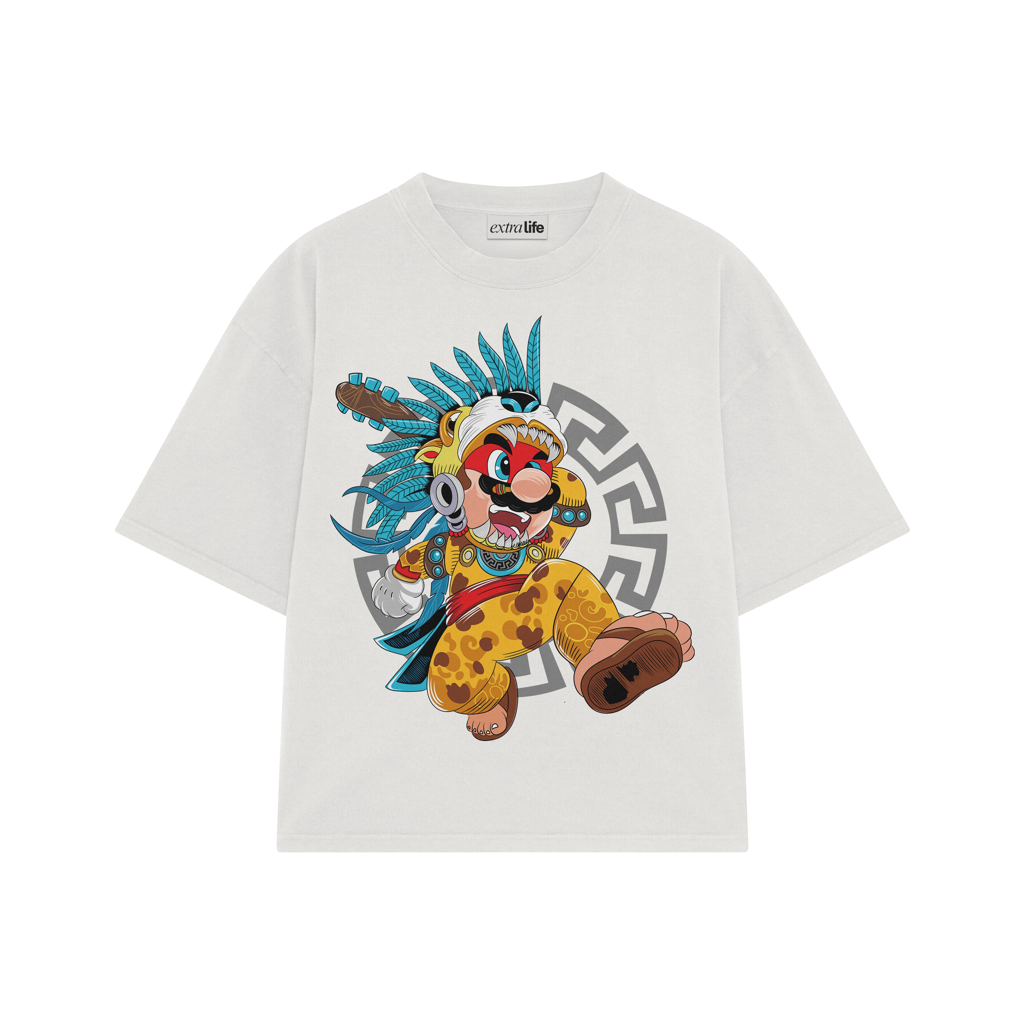 Playera streetwear premium de anime y gaming ExtraLife MX, corte boxy oversized drop shoulder heavyweight en color Deep Black y Off-White, moda urbana mexicana de culto.