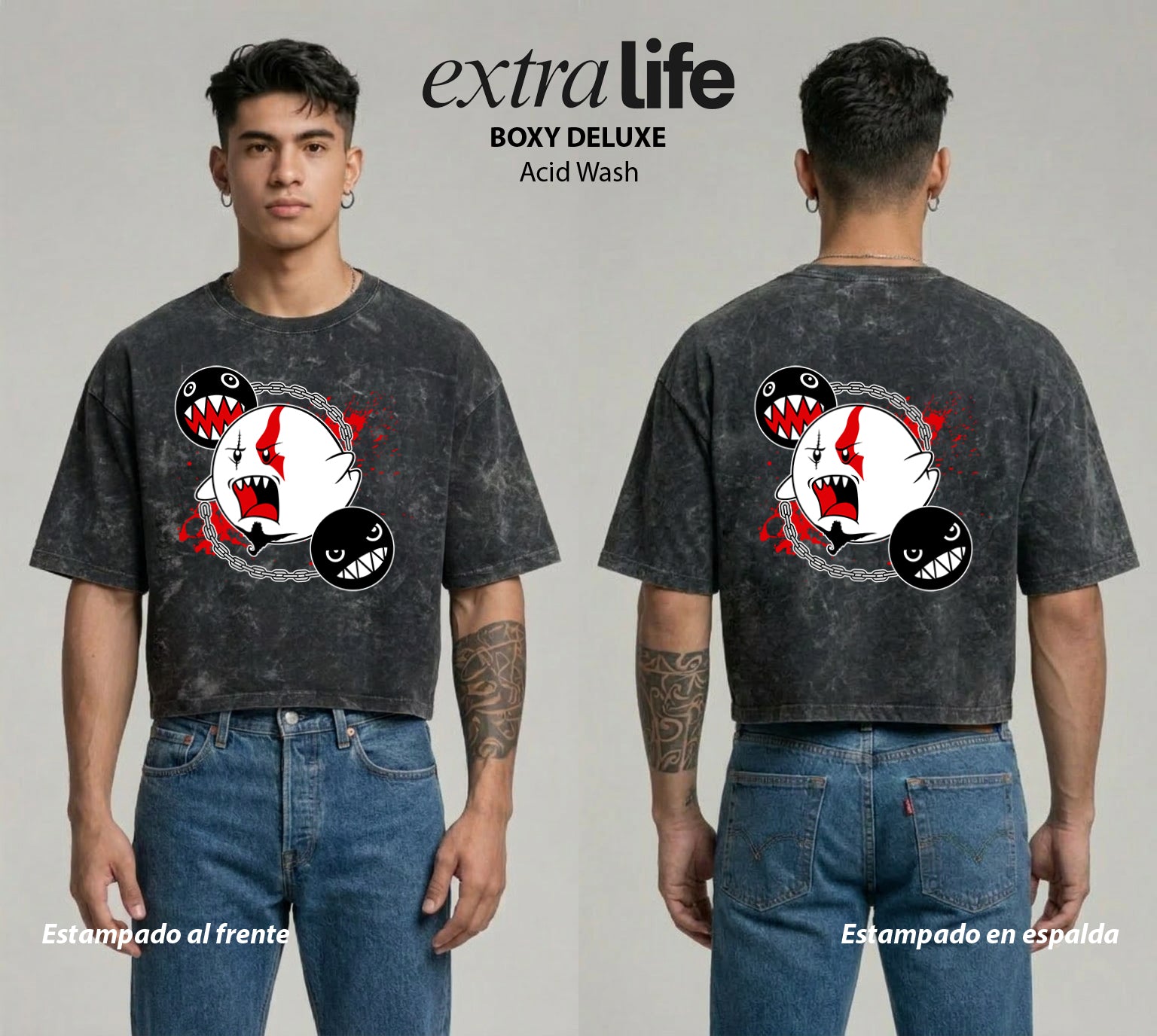 Playera streetwear premium de anime y gaming ExtraLife MX, corte boxy deluxe mineral wash heavyweight en color Acid Wash, moda urbana mexicana de culto.