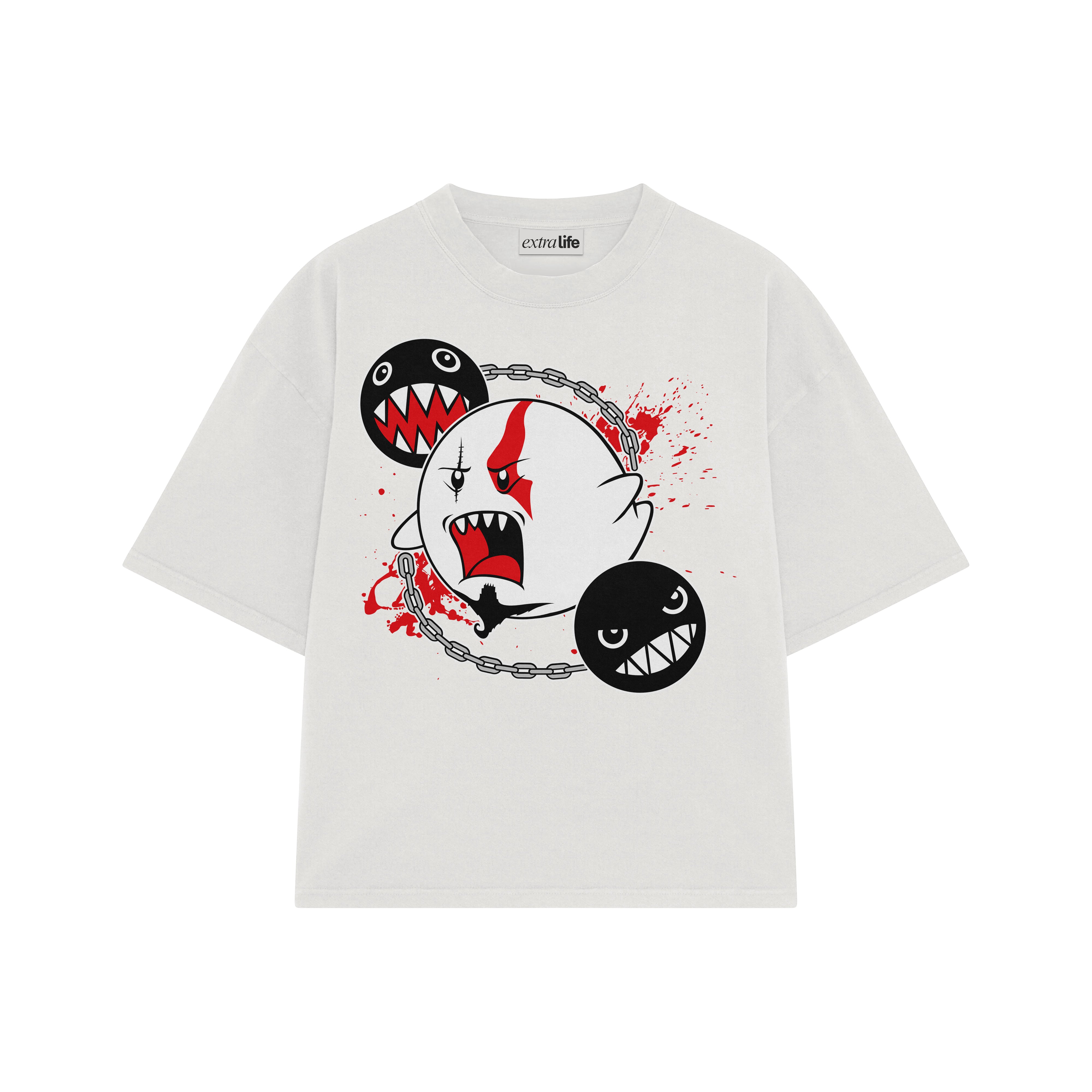 Playera streetwear premium de anime y gaming ExtraLife MX, corte boxy oversized drop shoulder heavyweight en color Deep Black y Off-White, moda urbana mexicana de culto.