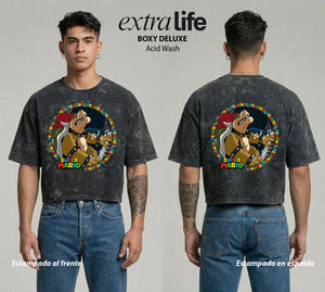 Playera streetwear premium de anime y gaming ExtraLife MX, corte boxy deluxe mineral wash heavyweight en color Acid Wash, moda urbana mexicana de culto.
