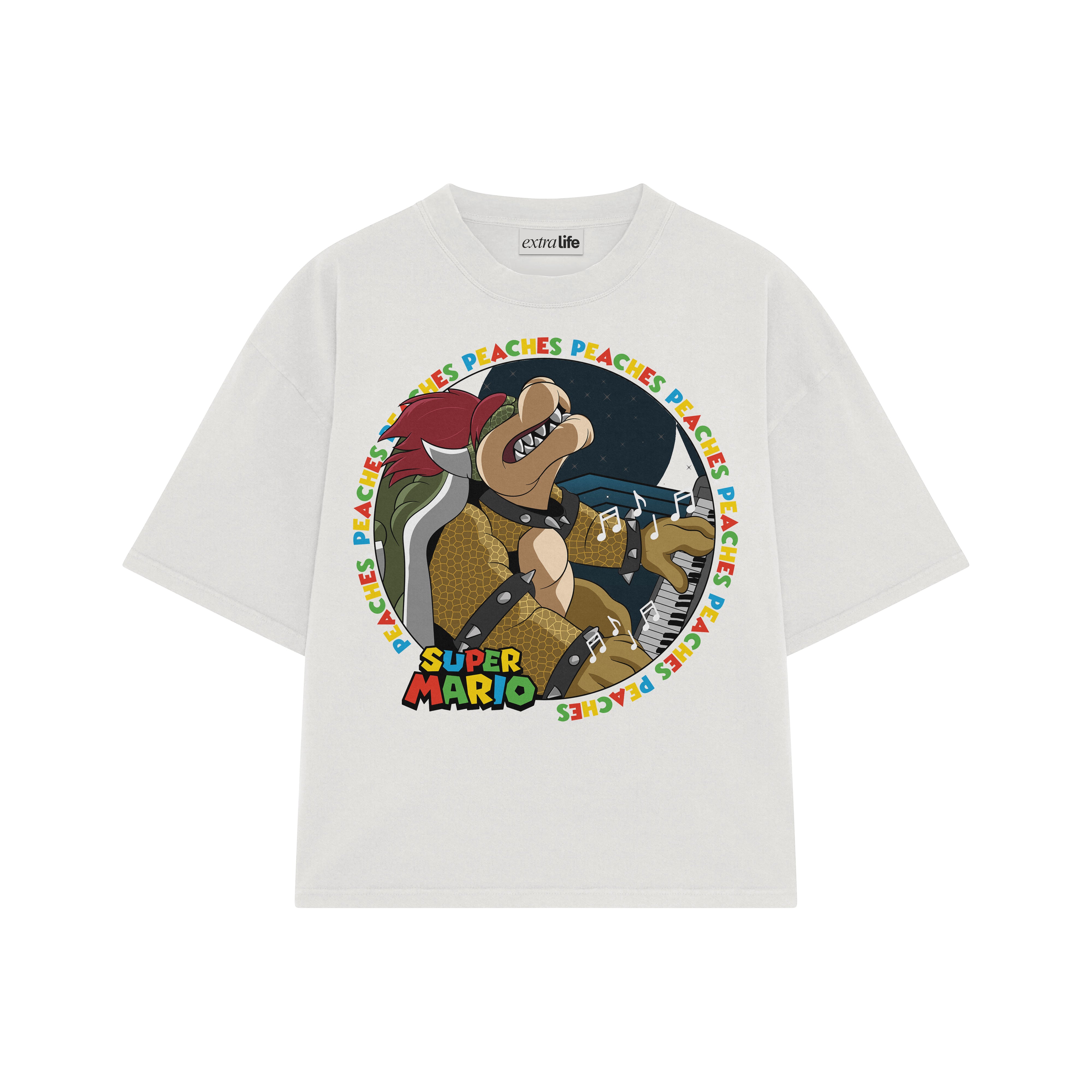 Playera streetwear premium de anime y gaming ExtraLife MX, corte boxy oversized drop shoulder heavyweight en color Deep Black y Off-White, moda urbana mexicana de culto.