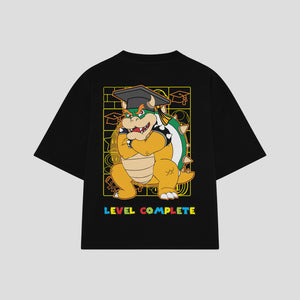 Playera streetwear premium de anime y gaming ExtraLife MX, corte boxy oversized drop shoulder heavyweight en color Deep Black y Off-White, moda urbana mexicana de culto.