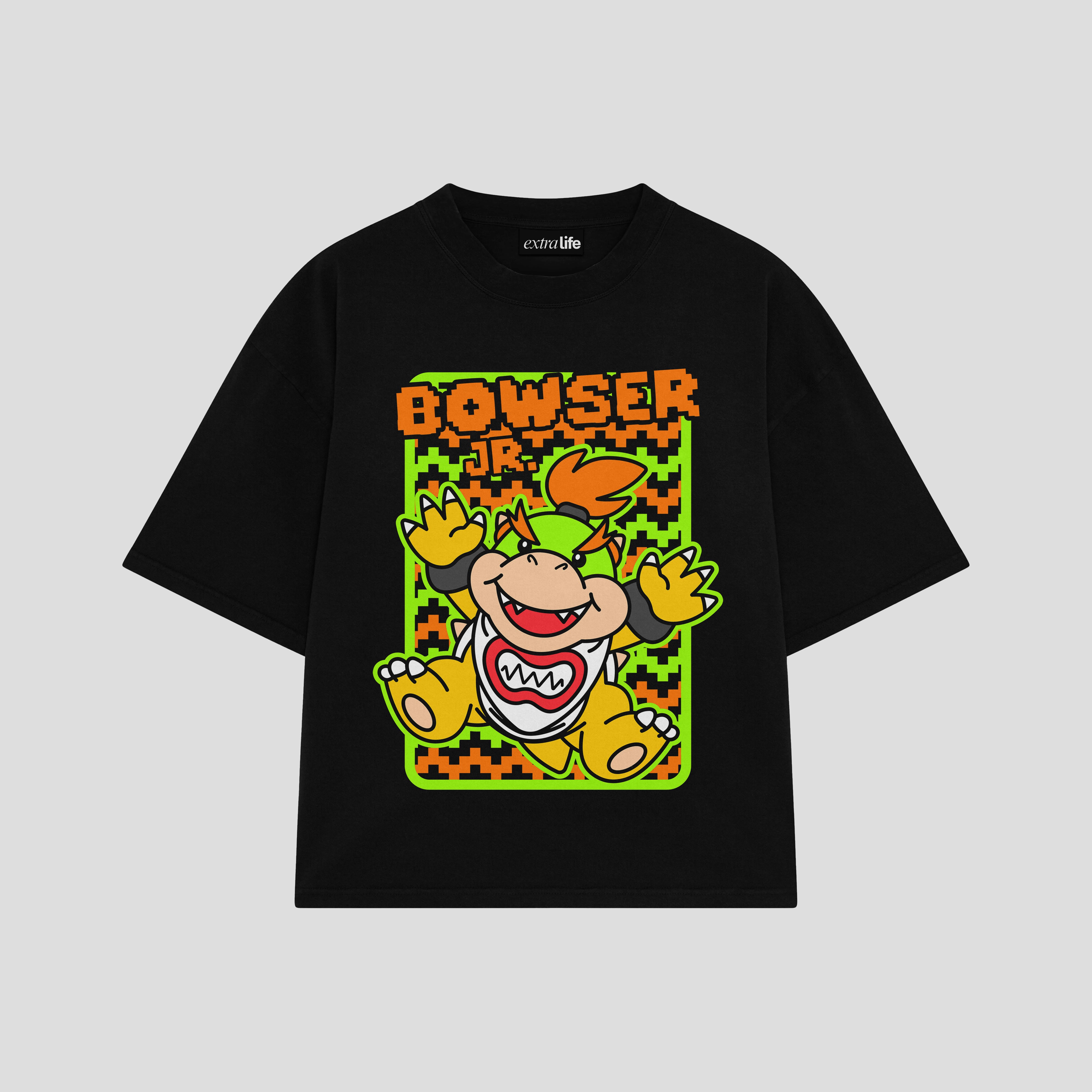 Playera streetwear premium de anime y gaming ExtraLife MX, corte boxy oversized drop shoulder heavyweight en color Deep Black y Off-White, moda urbana mexicana de culto.