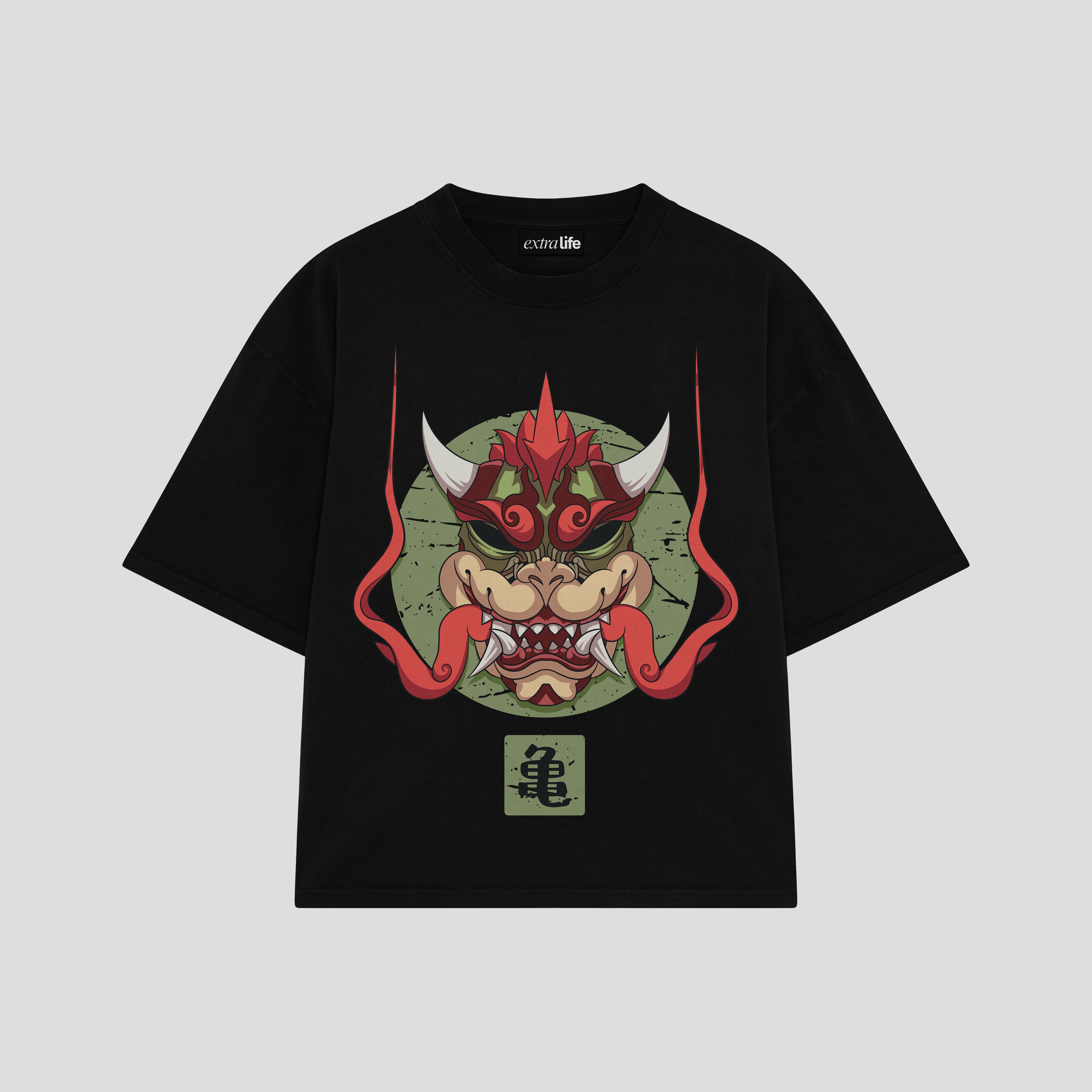Playera streetwear premium de anime y gaming ExtraLife MX, corte boxy oversized drop shoulder heavyweight en color Deep Black y Off-White, moda urbana mexicana de culto.