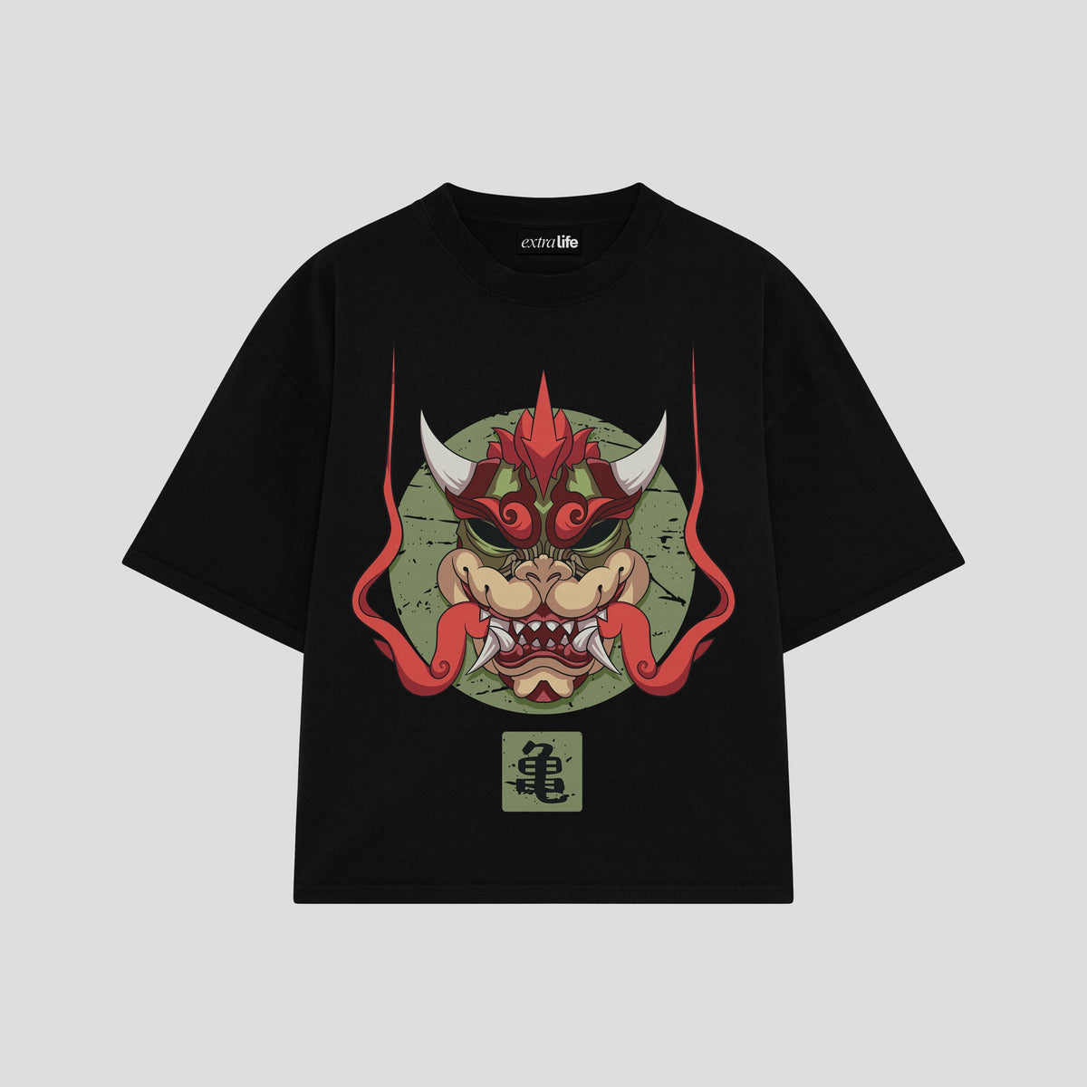 Playera streetwear premium de anime y gaming ExtraLife MX, corte oversized drop shoulder ligero y fresco en color Deep Black y Off-White, moda urbana mexicana de culto.
