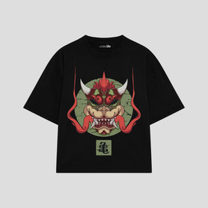 Playera streetwear premium de anime y gaming ExtraLife MX, corte boxy oversized drop shoulder heavyweight en color Deep Black y Off-White, moda urbana mexicana de culto.
