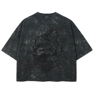 Playera streetwear premium de anime y gaming ExtraLife MX, corte boxy deluxe mineral wash heavyweight en color Acid Wash, moda urbana mexicana de culto.