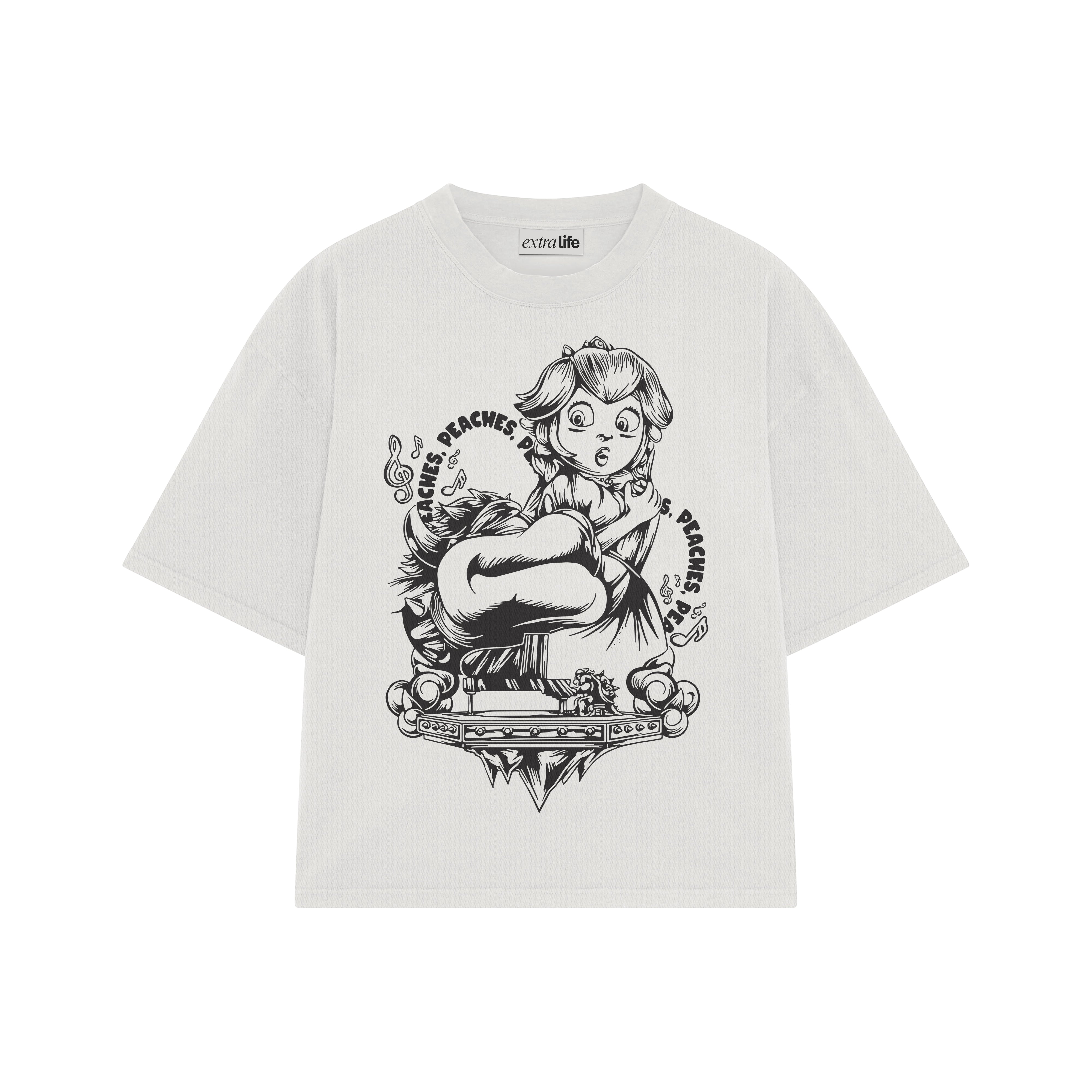 Playera streetwear premium de anime y gaming ExtraLife MX, corte boxy oversized drop shoulder heavyweight en color Deep Black y Off-White, moda urbana mexicana de culto.