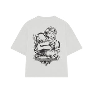 Playera streetwear premium de anime y gaming ExtraLife MX, corte boxy oversized drop shoulder heavyweight en color Deep Black y Off-White, moda urbana mexicana de culto.