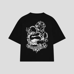 Playera streetwear premium de anime y gaming ExtraLife MX, corte boxy oversized drop shoulder heavyweight en color Deep Black y Off-White, moda urbana mexicana de culto.