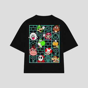 Playera streetwear premium de anime y gaming ExtraLife MX, corte boxy oversized drop shoulder heavyweight en color Deep Black y Off-White, moda urbana mexicana de culto.