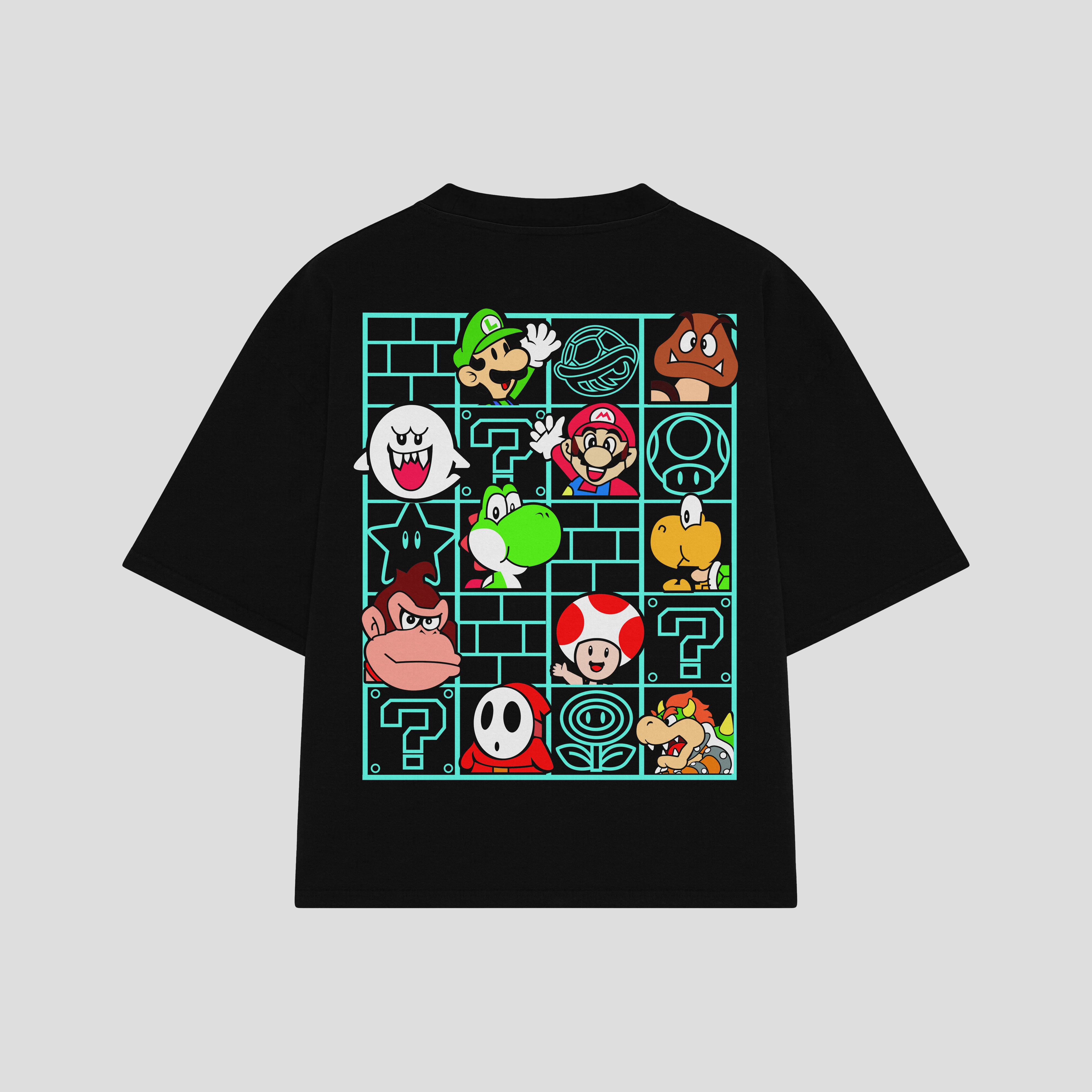 Playera streetwear premium de anime y gaming ExtraLife MX, corte boxy oversized drop shoulder heavyweight en color Deep Black y Off-White, moda urbana mexicana de culto.