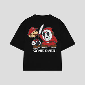 Playera streetwear premium de anime y gaming ExtraLife MX, corte boxy oversized drop shoulder heavyweight en color Deep Black y Off-White, moda urbana mexicana de culto.