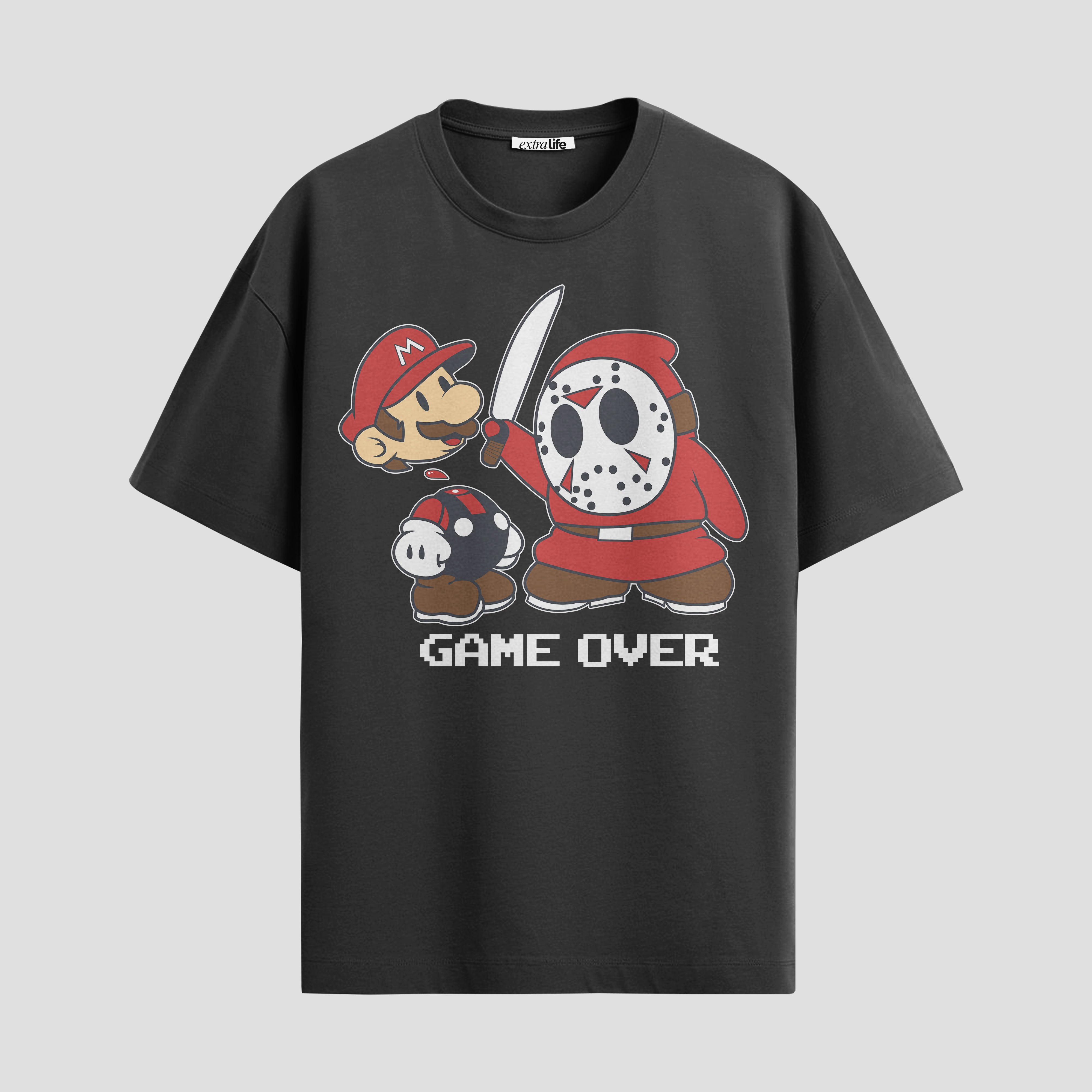 Playera urbana de anime y gaming ExtraLife MX, corte Standard Fit unisex ligero y transpirable en color Deep Black y Pure White, ropa de uso diario para gym y casual.