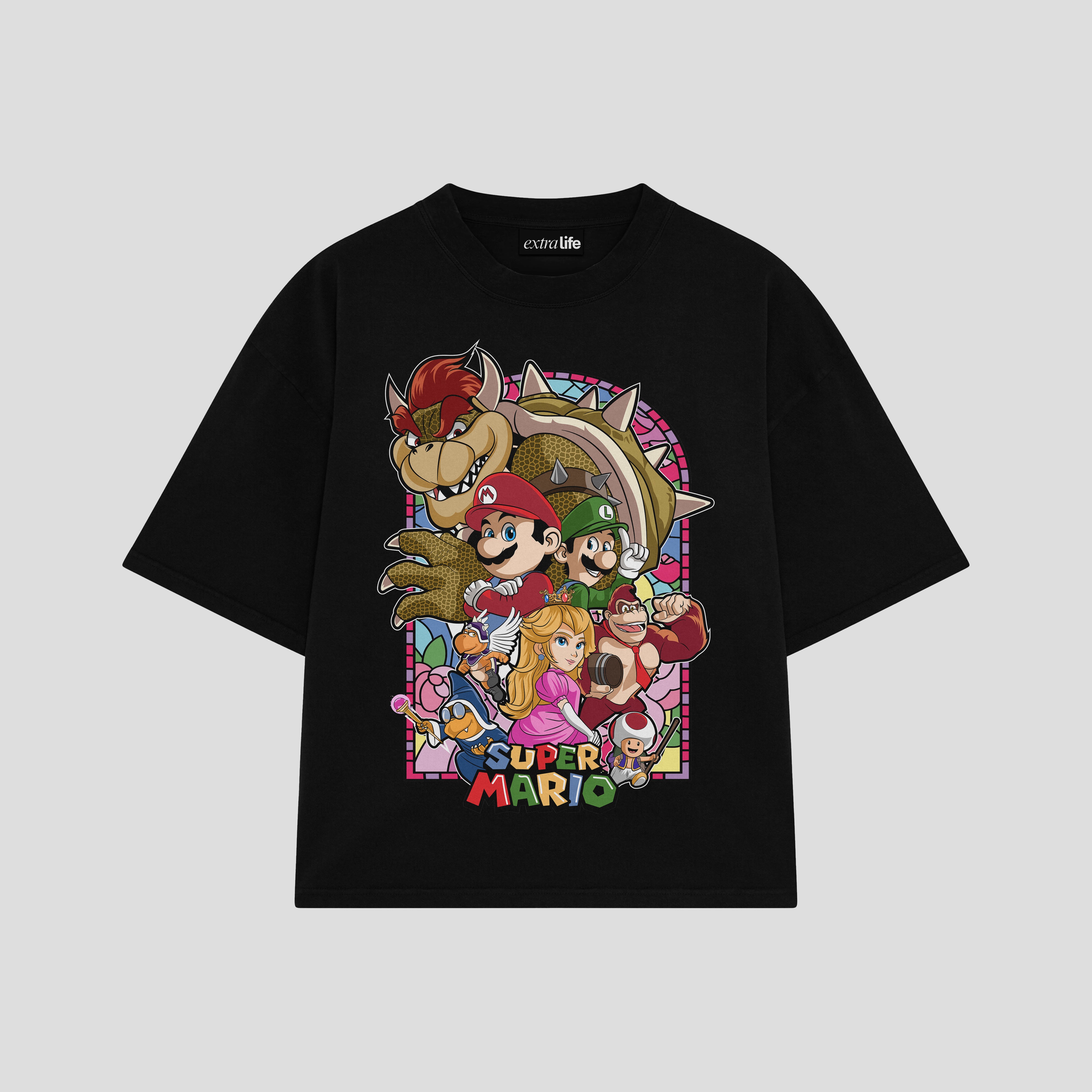 Playera streetwear premium de anime y gaming ExtraLife MX, corte boxy oversized drop shoulder heavyweight en color Deep Black y Off-White, moda urbana mexicana de culto.