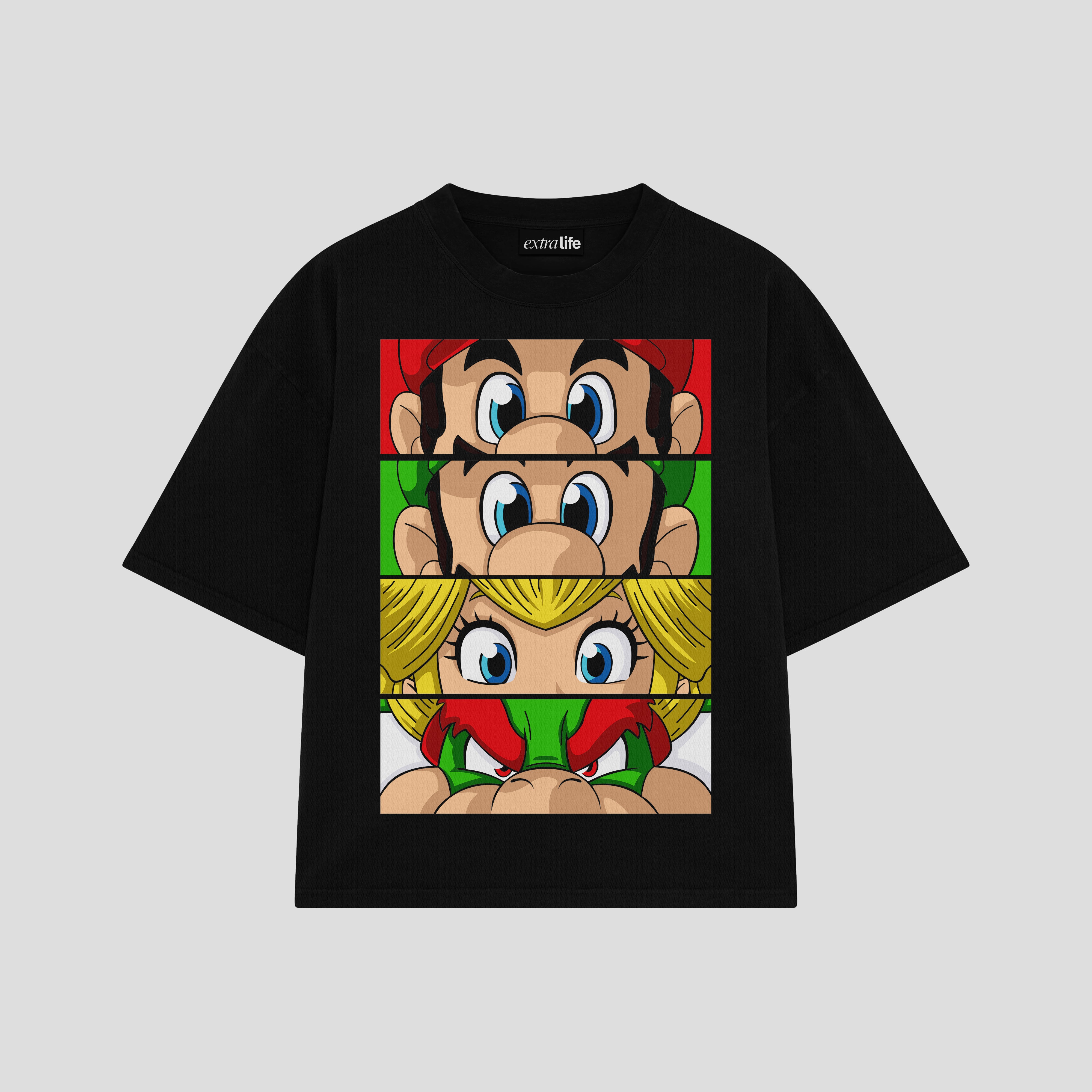 Playera streetwear premium de anime y gaming ExtraLife MX, corte boxy oversized drop shoulder heavyweight en color Deep Black y Off-White, moda urbana mexicana de culto.