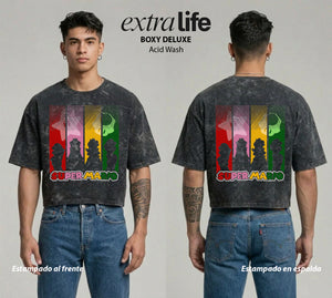 Playera streetwear premium de anime y gaming ExtraLife MX, corte boxy deluxe mineral wash heavyweight en color Acid Wash, moda urbana mexicana de culto.