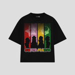 Playera streetwear premium de anime y gaming ExtraLife MX, corte boxy oversized drop shoulder heavyweight en color Deep Black y Off-White, moda urbana mexicana de culto.